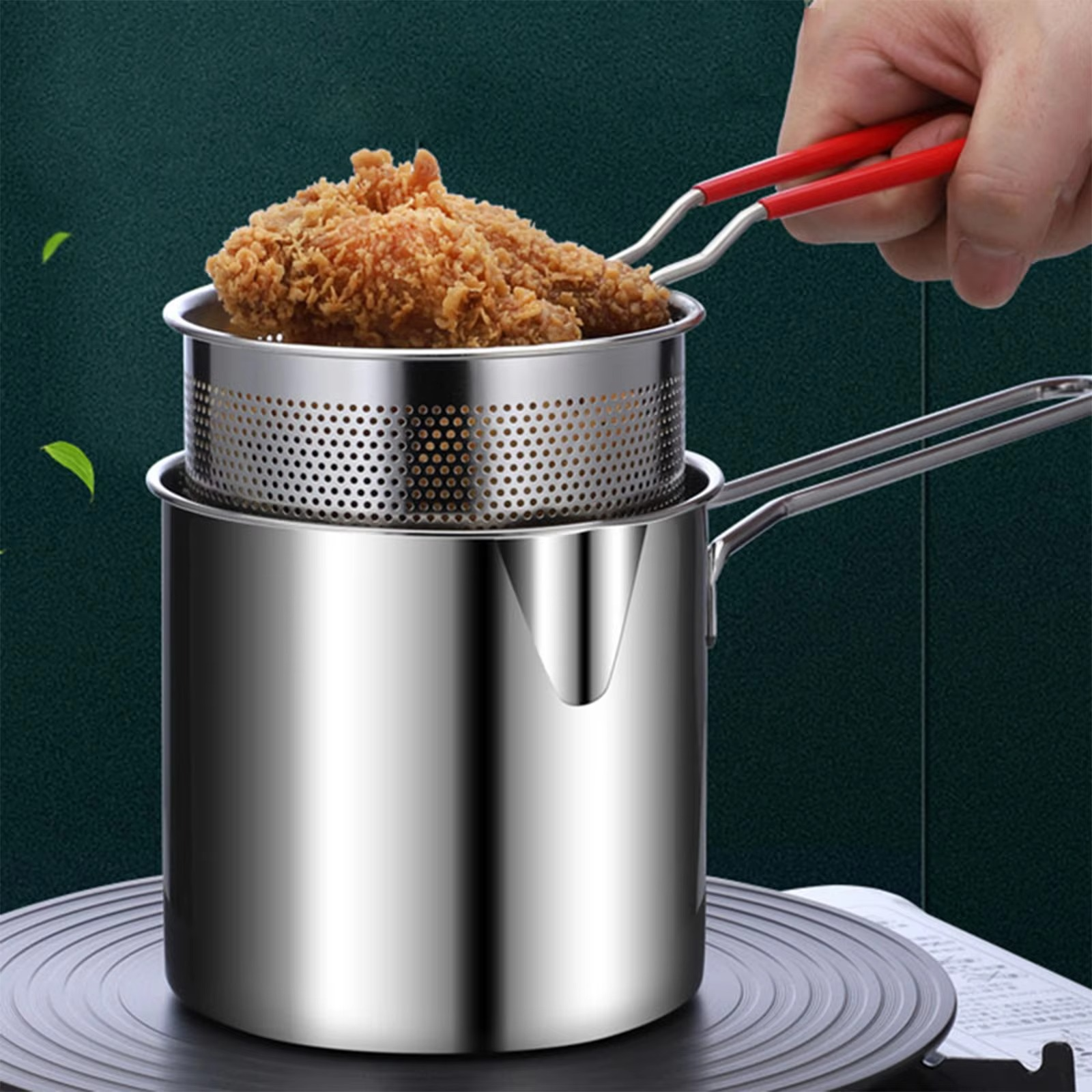 Stainless Steel Deep Fryer Pot with Strainer 1200ML Oil Capacity