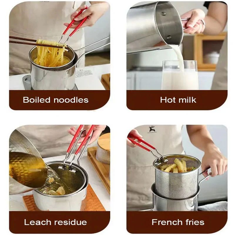 Stainless Steel Deep Fryer Pot with Strainer 1200ML Oil Capacity
